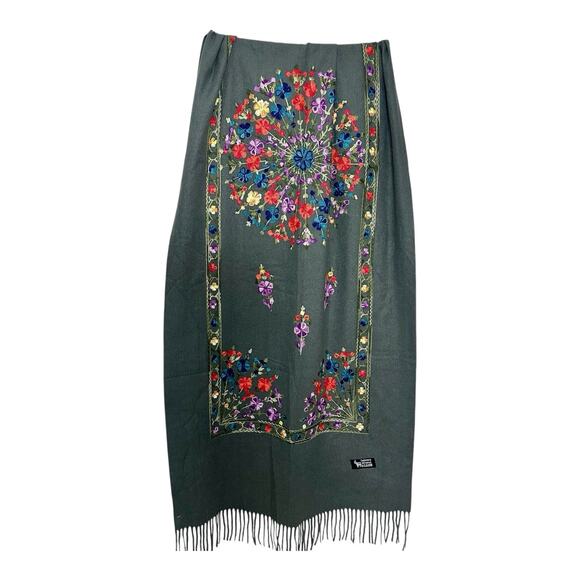 Gray Cashmere Wool Scarf Floral Embroidered Shawl Wrap Fringe Long 78 x 27 In. - Picture 2 of 14